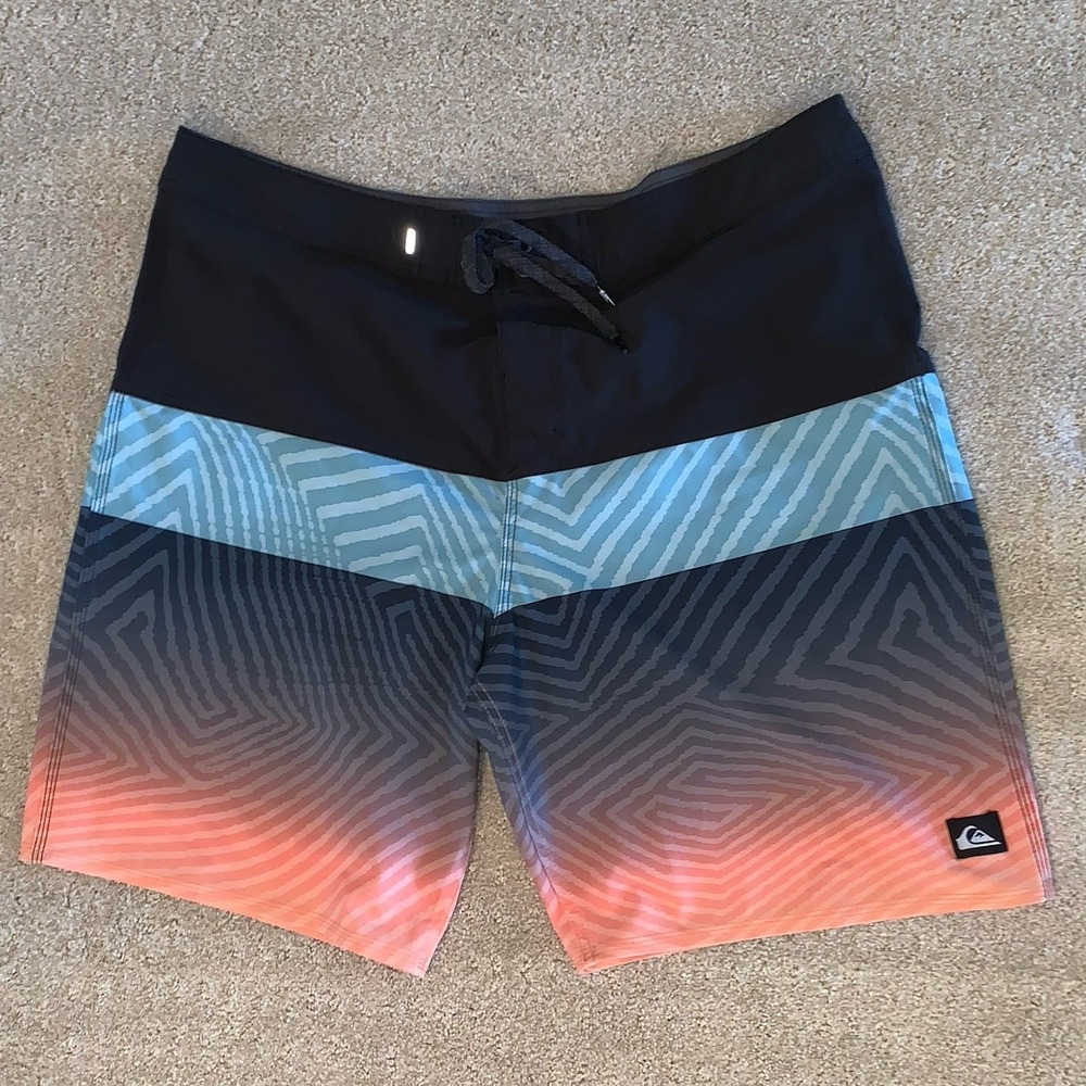Quiksilver Highline Board Shorts Men's 38 Blue Gray Orange Surfsilk Drawstring
